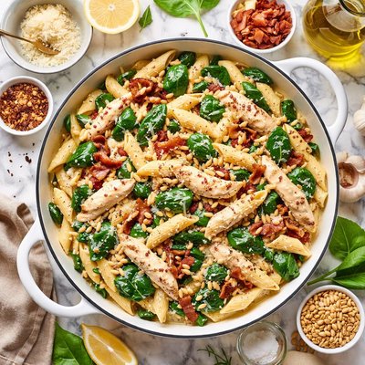 Image of Pasta with Chicken Spinach Pine Nuts Bacon and