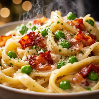Image of Pasta with Creamy Bacon and Pea Sauce