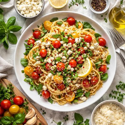 Image of Pasta with Fresh Herbs Feta and Tomatoes