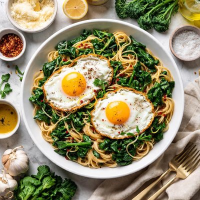 Image of Pasta with Garlicky Greens and Fried Eggs