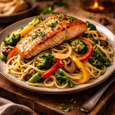Image of Pasta with Grilled Salmon Stir Fried Vegetables