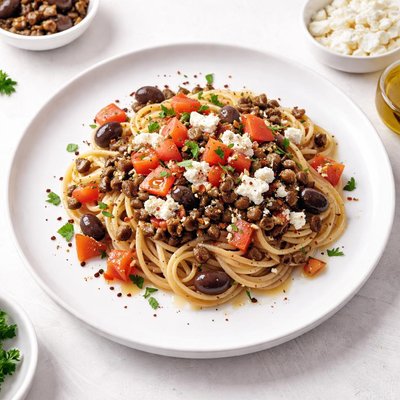 Image of Pasta with Kalamata Olive Tapenade Feta and Chopped Tomato