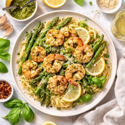 Image of Pasta with Lemon Pesto Shrimps and Asparagus