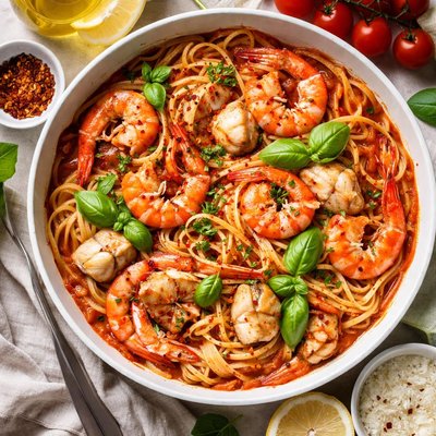 Image of Pasta with Monkfish and Prawns and Tomato Sauce