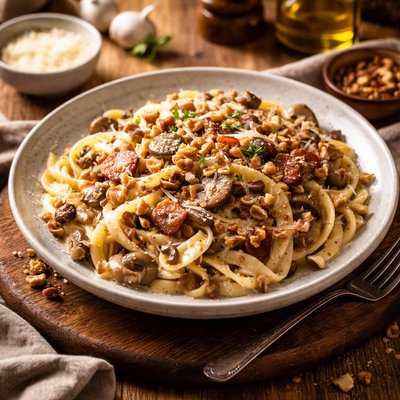 Image of Pasta with Mushroom Bacon and Walnut Sauce