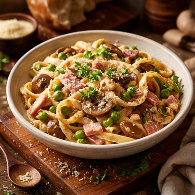 Image of Pasta with Mushrooms Ham and Peas