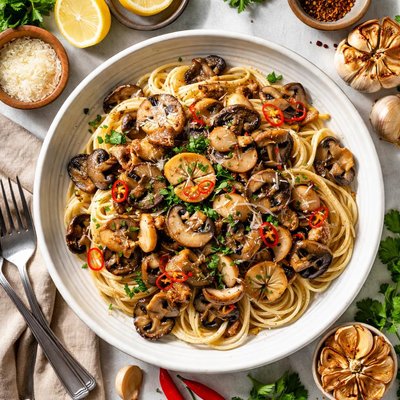 Image of Pasta with Mushrooms Roasted Garlic and Chile
