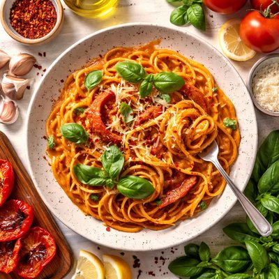 Image of Pasta with Roasted Red Pepper and Tomato Cream Sauce
