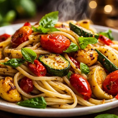 Image of Pasta with Roasted Summer Vegetables and Basil