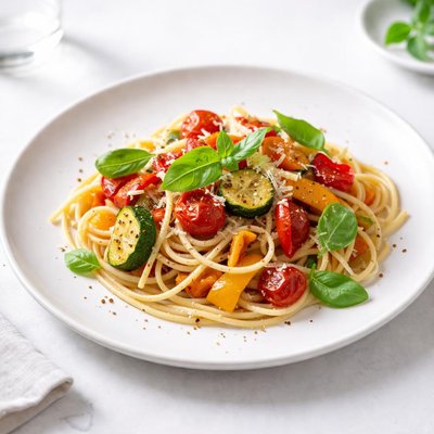 Image of Pasta with Roasted Vegetables Tomatoes and Basil