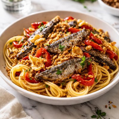 Image of Pasta with Sardines Roasted Red Peppers and Garlic
