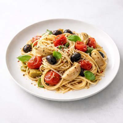 Image of Pasta with Sauteed Tomatoes Olives and Artichokes