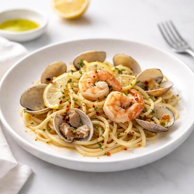 Image of Pasta with Shrimp Clams Lemon and Garlic Atk