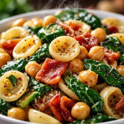 Image of Pasta with Spinach Chickpeas and Bacon