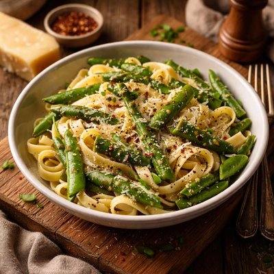 Image of Pasta with Sugar Snap Peas Asparagus and Parmesan