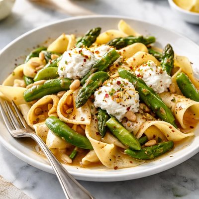 Image of Pasta with Sugar Snap Peas Asparagus Ricotta and Brown Butter