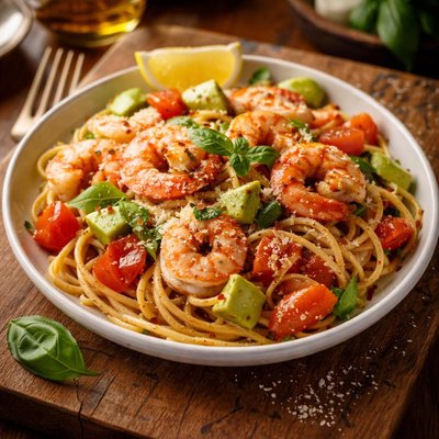 Image of Pasta with Tomato Avocado and Shrimp
