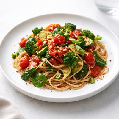 Image of Vegan Pasta with Tomato Sauce and Vegetables