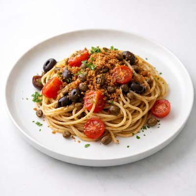Image of Pasta with Tomatoes Capers Olives and Breadcrumbs