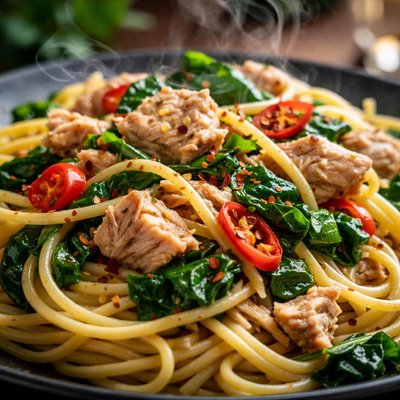 Image of Pasta with Tuna Spinach and Hot Pepper