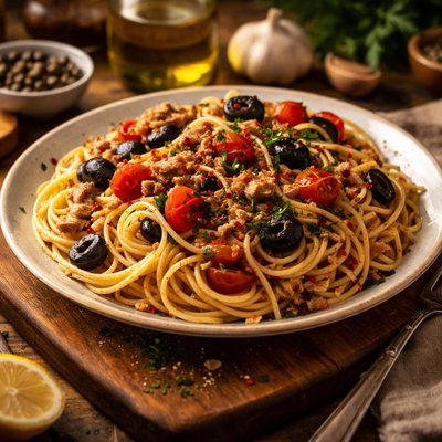 Image of Pasta with Tuna Tomatoes Garlic Capers and Olives