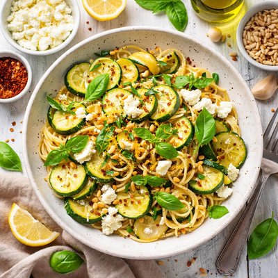 Image of Pasta with Zucchini Goats Cheese and Pine Nuts