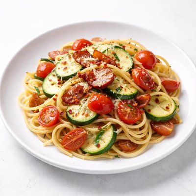 Image of Pasta with Zucchini Tomatoes and Bacon