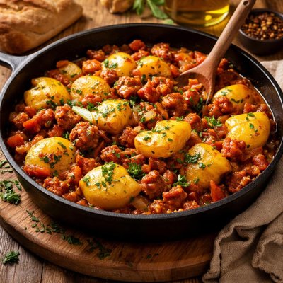 Image of Pattypan Squash Braised with Onion Tomato and Chorizo