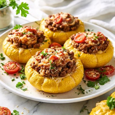 Image of Pattypan Squash with Pastitsio Topping
