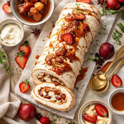 Image of Pavlova Roulade Served with Toffee Plums