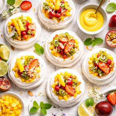 Image of Pavlovas with Lemon Curd and Tropical Fruit