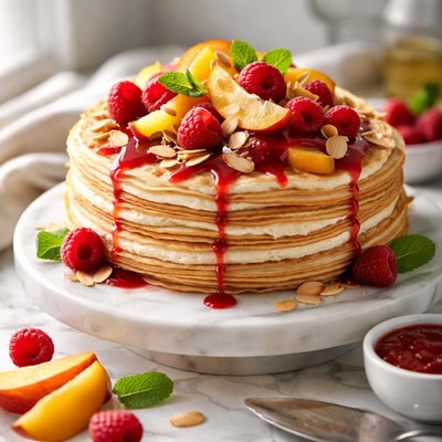 Image of Peach Melba Crepes Cake