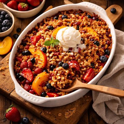 Image of Peach Strawberry Blueberry Crisp