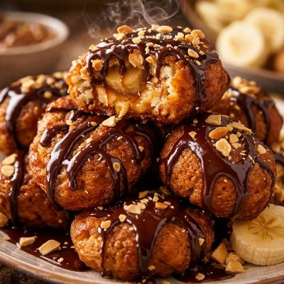 Image of Peanut Butter Banana Fritters Drizzled with Chocolate Sauce