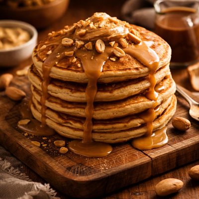 Image of Peanut Butter Pancakes with Peanut Butter Maple Syrup