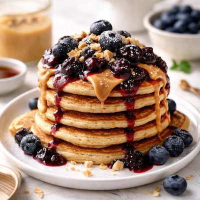 Image of Peanut Butter Protein Pancake with Blueberry Vanilla Topping