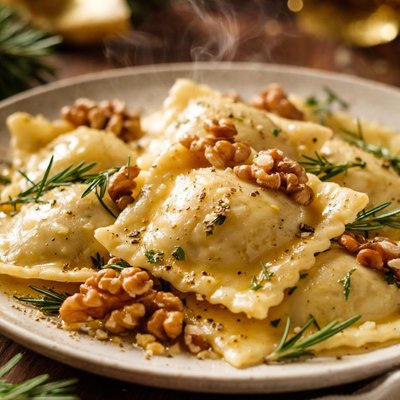 Image of Pear and Gorgonzola Ravioli with Walnuts and Rosemary Butter