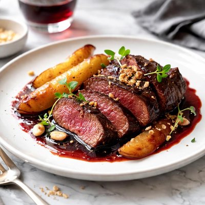 Image of Pear and Red Wine Glazed Kangaroo Fillet or Beef with Macadami