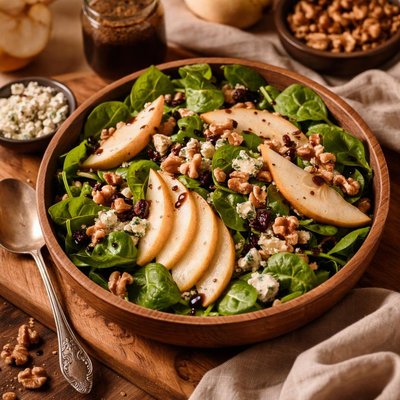 Image of Pear Salad with Spinach Blue Cheese and Walnuts