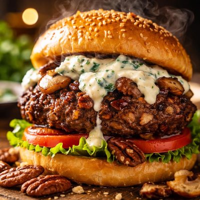 Image of Pecan and Mushroom Burger with Blue Cheese Sauce