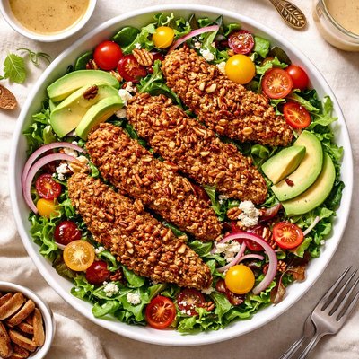Image of Pecan Crusted Chicken Tenders Over Salad