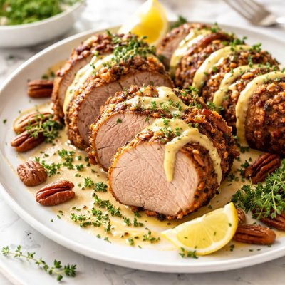 Image of Pecan Encrusted Pork Tenderloin with Mustard Cream Sauce