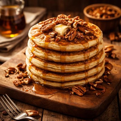 Image of Pecan Maple Sour Cream Pancakes with Pecan Maple Syrup