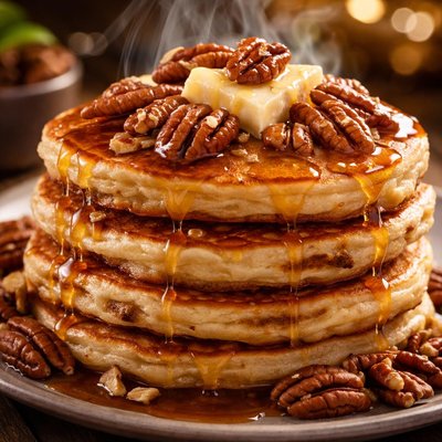 Image of Pecan Pancakes with Buttered Pecans and Warm Maple Syrup