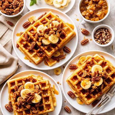 Image of Pecan Waffles with Roasted Pecan and Banana Syrup