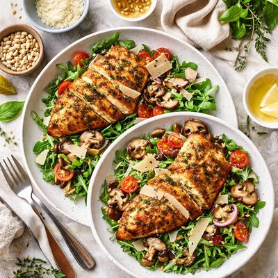 Image of Pecorino Crusted Chicken with Mushroom Salad