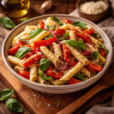 Image of Penne Pasta Salad with Roasted Red Peppers and Fresh Basil