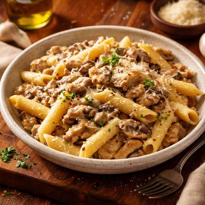 Image of Penne Pasta with Mushroom Clam Sauce and Cheeses