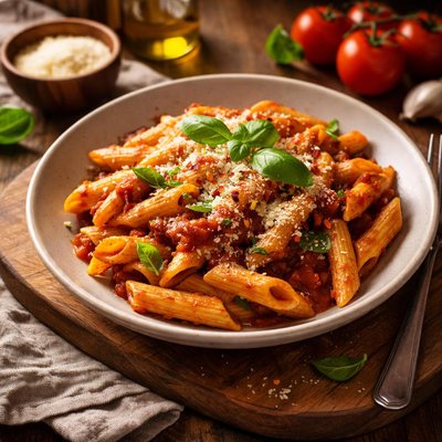 Image of Whole30 Penne Pasta with Tomato Sauce and Parmesan Cheese