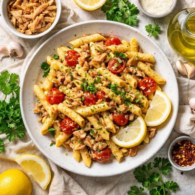 Image of Penne Pasta with Zesty Garlic Lemon Tuna Sauce